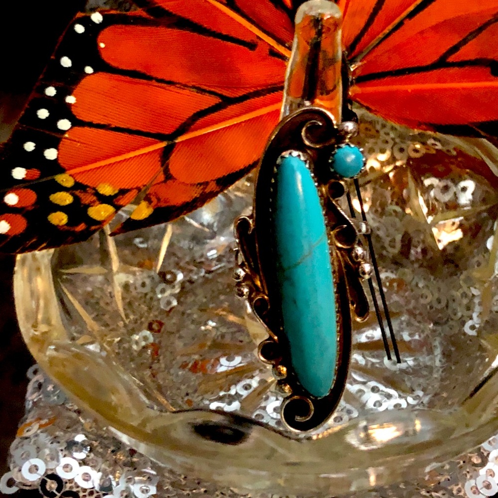 Sterling Silver Oblong Turquoise Signed Ring
